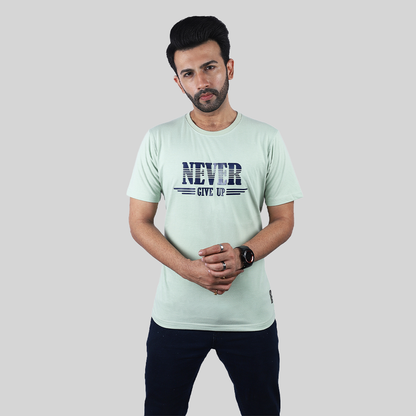 "NEVER GIVE UP" Green Crew Neck T-Shirt