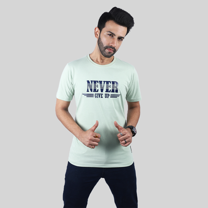 "NEVER GIVE UP" Green Crew Neck T-Shirt