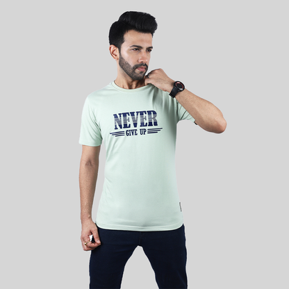 "NEVER GIVE UP" Green Crew Neck T-Shirt